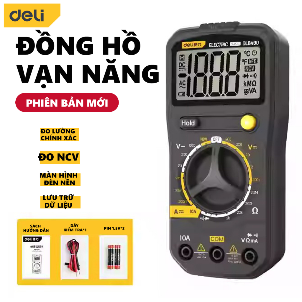 Đồng hồ vạn năng Deli Kẹp Ampe chính hãng Màn hình LED kỹ thuật số - Phạm vi đo 600V - BH 12 tháng