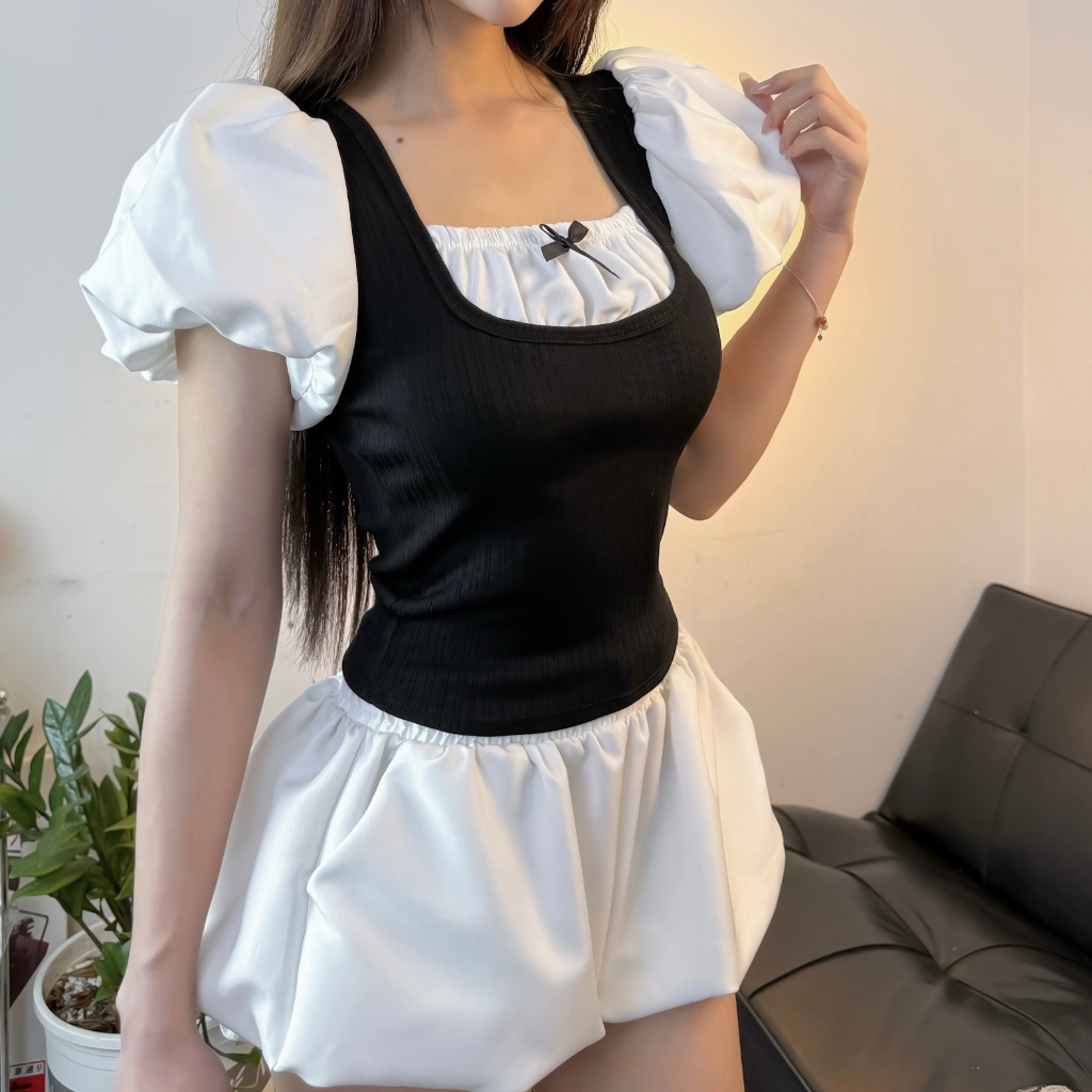 Áo body LOLI form ôm body tôn dáng Phong cách Coquette tay phồng bồng bềnh FFCLUB mix
