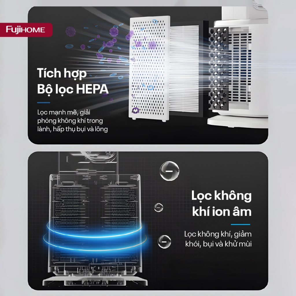 Quạt làm mát lọc không khí HEPA và Ion âm FUJIHOME BF-05R-HEPA, Quạt không cánh điều khiển từ xa