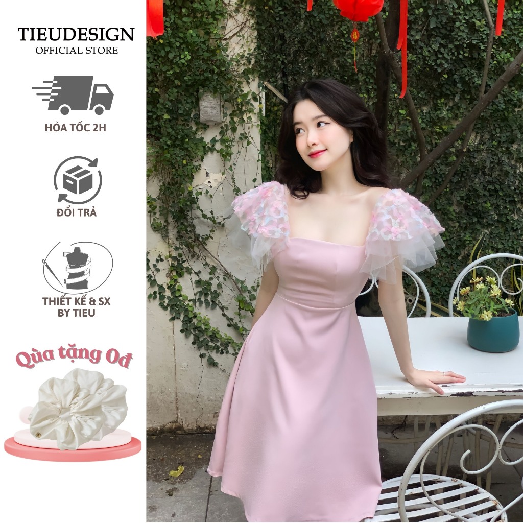 Tiểu Design Váy xòe phối lưới tay bồng Đầm xòe phong cách nhẹ nhàng ...