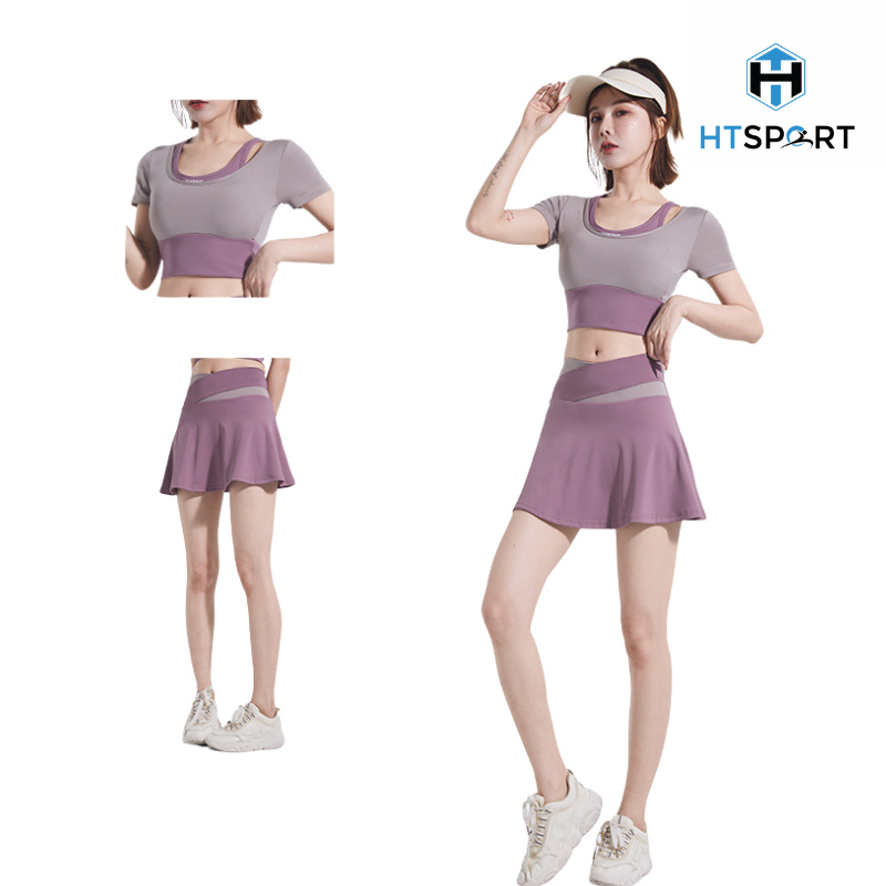 Bộ Tập Thể Thao Dành Cho Nữ, Set Đồ Tập Thể Thao Váy + Áo Croptop Tay Ngắn Tập Gym, Yoga, Tennis, Cầu Lông