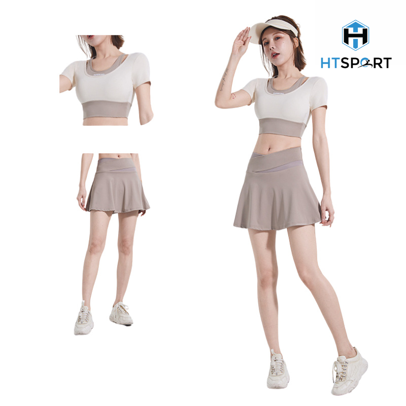 Bộ Tập Thể Thao Dành Cho Nữ, Set Đồ Tập Thể Thao Váy + Áo Croptop Tay Ngắn Tập Gym, Yoga, Tennis, Cầu Lông