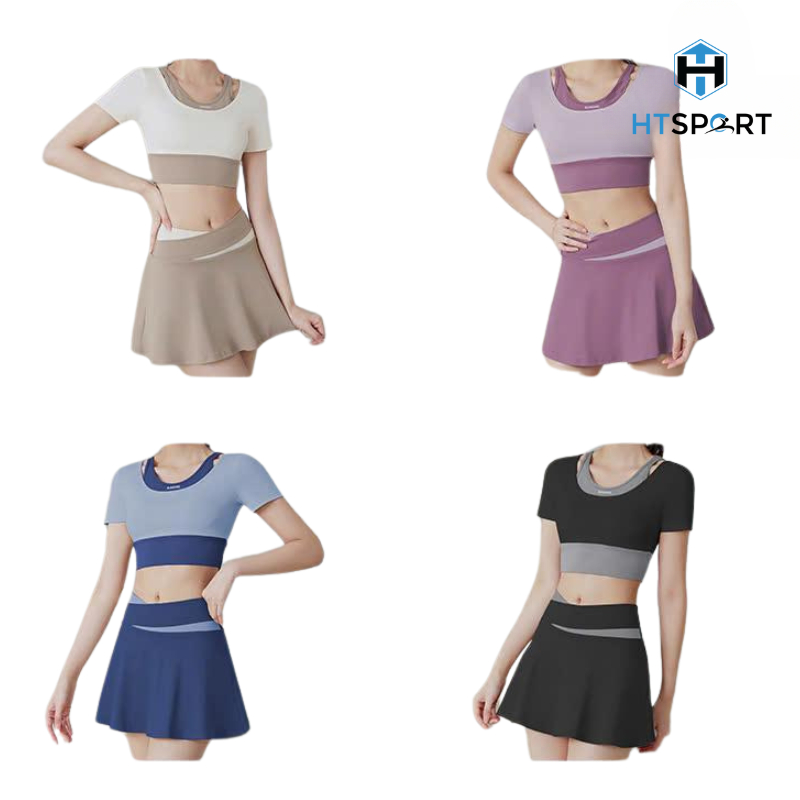 Bộ Tập Thể Thao Dành Cho Nữ, Set Đồ Tập Thể Thao Váy + Áo Croptop Tay Ngắn Tập Gym, Yoga, Tennis, Cầu Lông