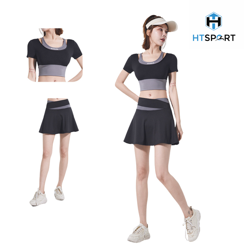 Bộ Tập Thể Thao Dành Cho Nữ, Set Đồ Tập Thể Thao Váy + Áo Croptop Tay Ngắn Tập Gym, Yoga, Tennis, Cầu Lông