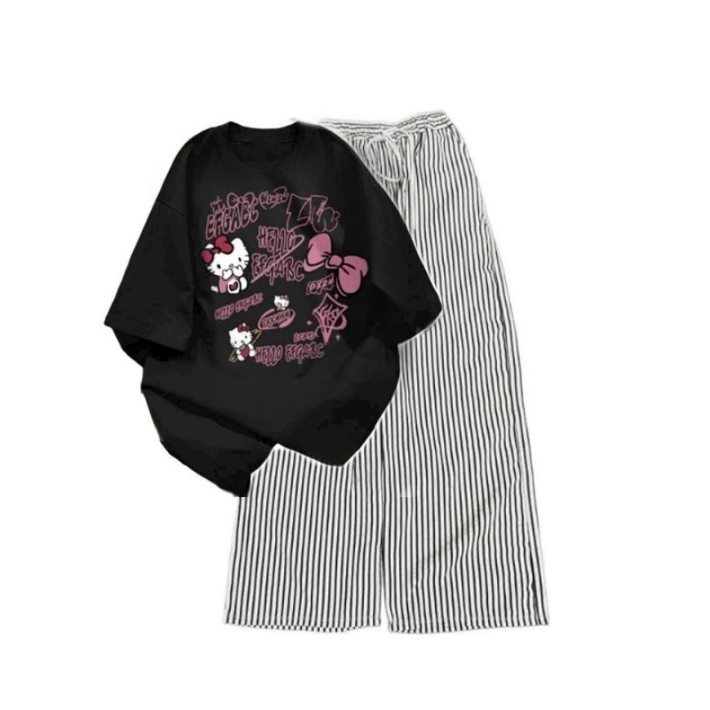 Sét Bộ Đồ Quần Đũi Kẻ Sọc +Mix áo Phông Mèo cute form rộng tay lỡ chất cotton