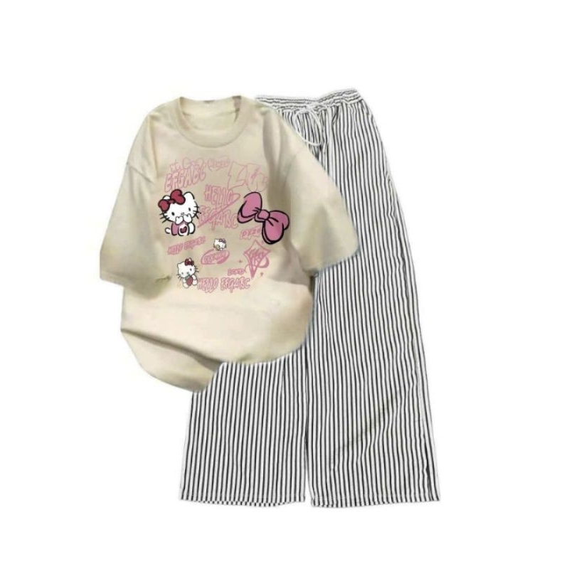 Sét Bộ Đồ Quần Đũi Kẻ Sọc +Mix áo Phông Mèo cute form rộng tay lỡ chất cotton