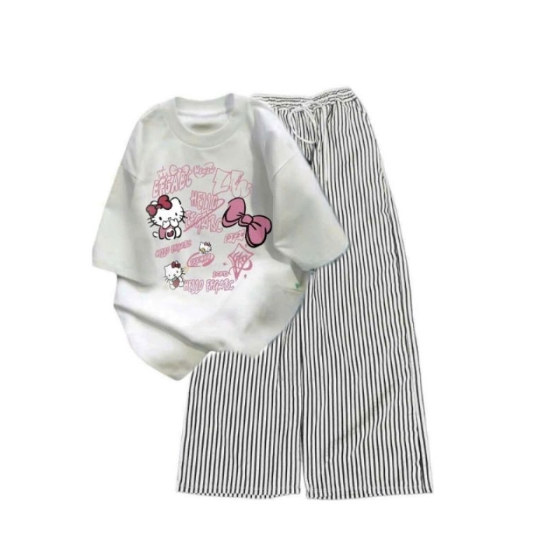 Sét Bộ Đồ Quần Đũi Kẻ Sọc +Mix áo Phông Mèo cute form rộng tay lỡ chất cotton