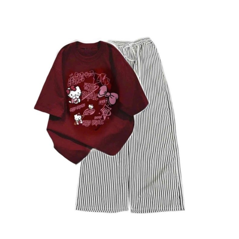 Sét Bộ Đồ Quần Đũi Kẻ Sọc +Mix áo Phông Mèo cute form rộng tay lỡ chất cotton