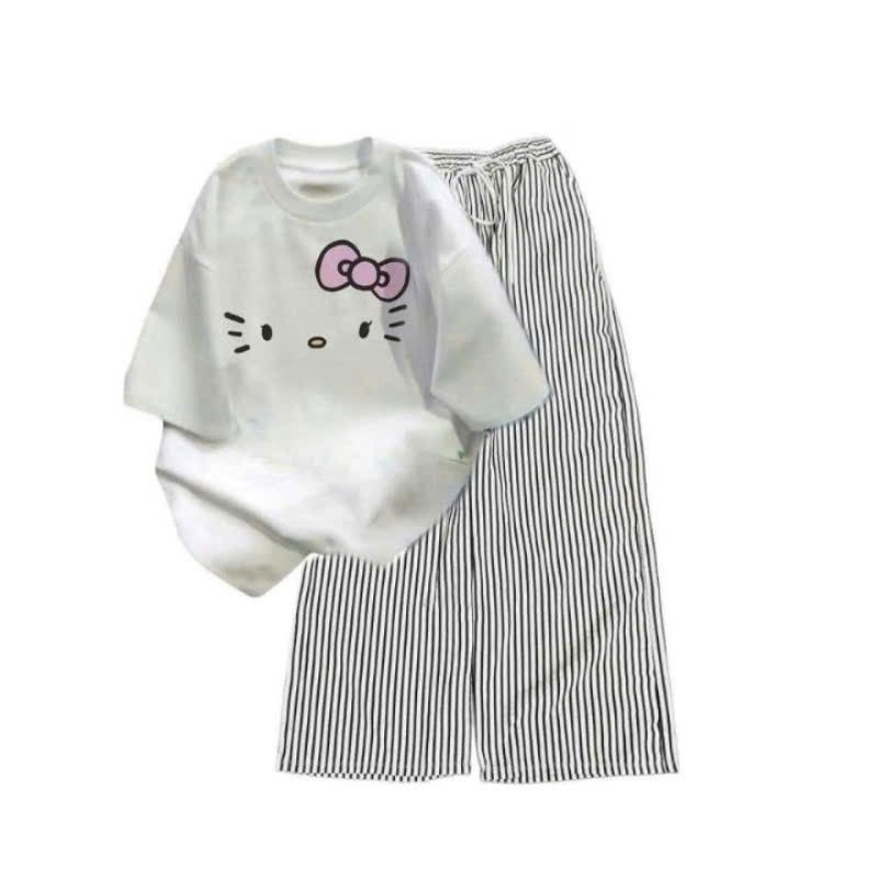 Sét Bộ Đồ Quần Đũi Kẻ Sọc +Mix áo Phông Mèo cute form rộng tay lỡ chất cotton