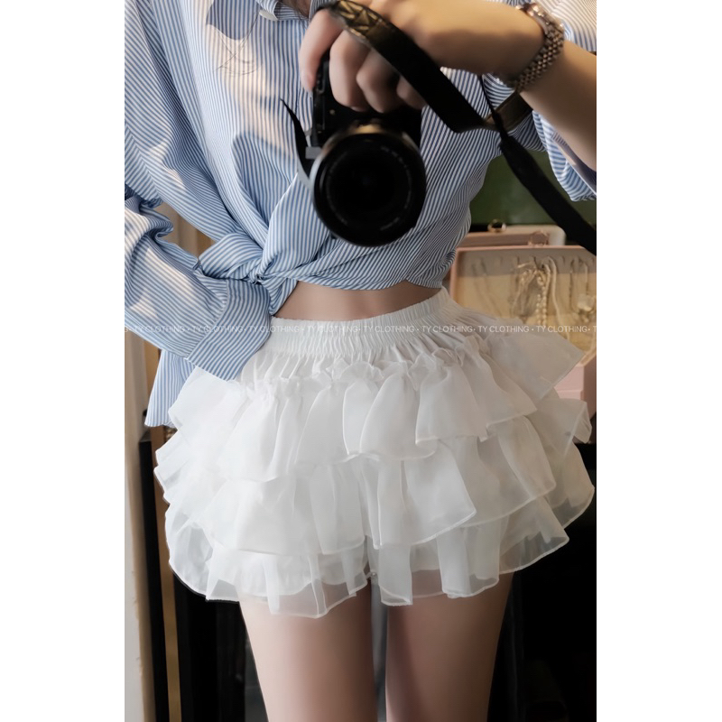Chân váy ngắn xếp tầng - Hàng thiết kế- màu trắng/đen- TYCLOTHING