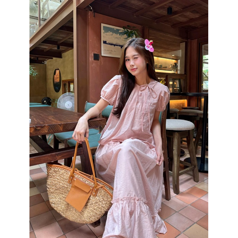 [RÁCH STORE] Set - Áo Cổ Tròn - Xếp Li - Nút Lệch Cột Nơ - Váy Dài ...