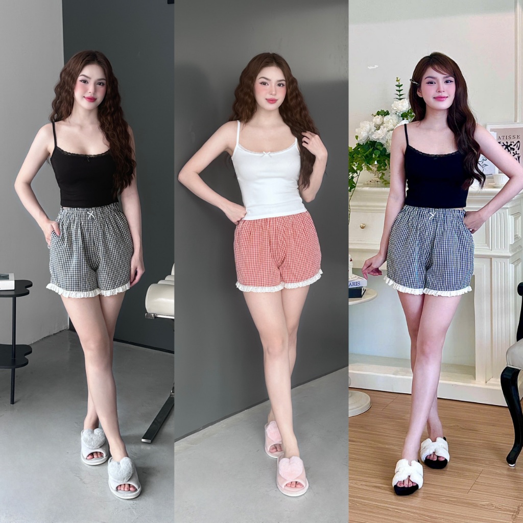 Ảnh SHE BY ZAM - ÁO HAI DÂY PHỐI REN & QUẦN ĐÙI KẺ CARO 1