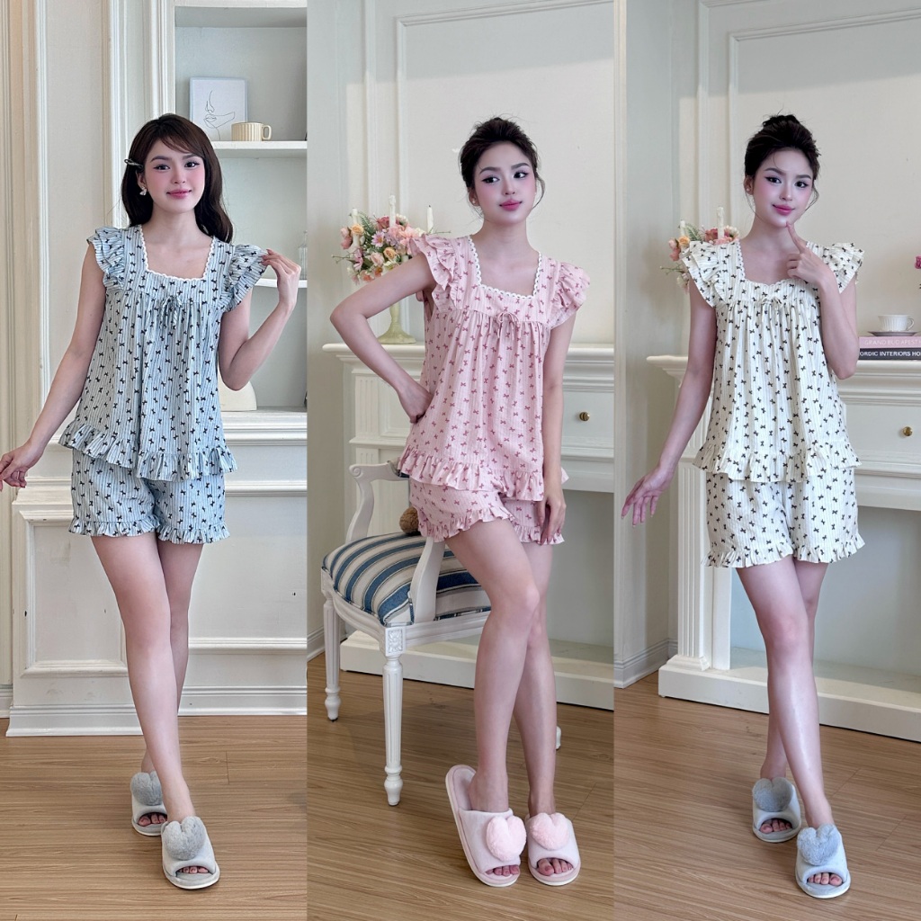 Ảnh BỘ MẶC NHÀ SHE BY ZAM - CDBN - BỘ NGẮN TAY QUẦN ĐÙI BÈO NƠ CÁNH TIÊN 1