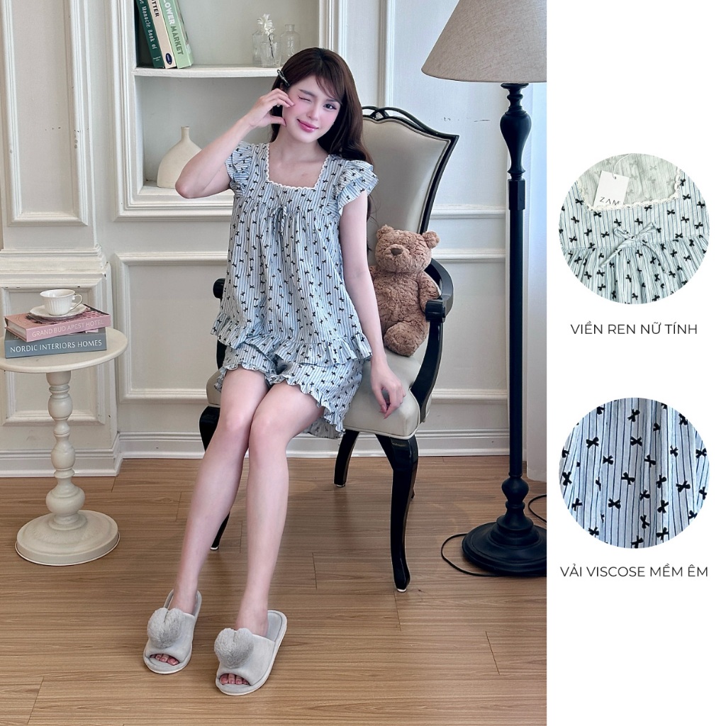 Ảnh BỘ MẶC NHÀ SHE BY ZAM - CDBN - BỘ NGẮN TAY QUẦN ĐÙI BÈO NƠ CÁNH TIÊN 3