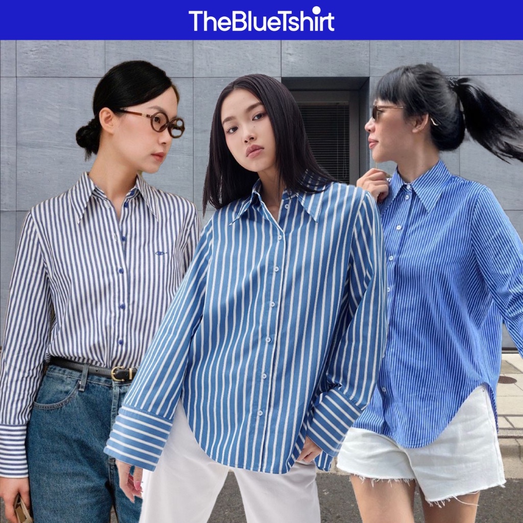 Ảnh TheBlueTshirt - Áo sơ mi sọc xanh tay dài măng sét to vạt bầu cho nữ - Sydney Oversize Shirt - Women 1