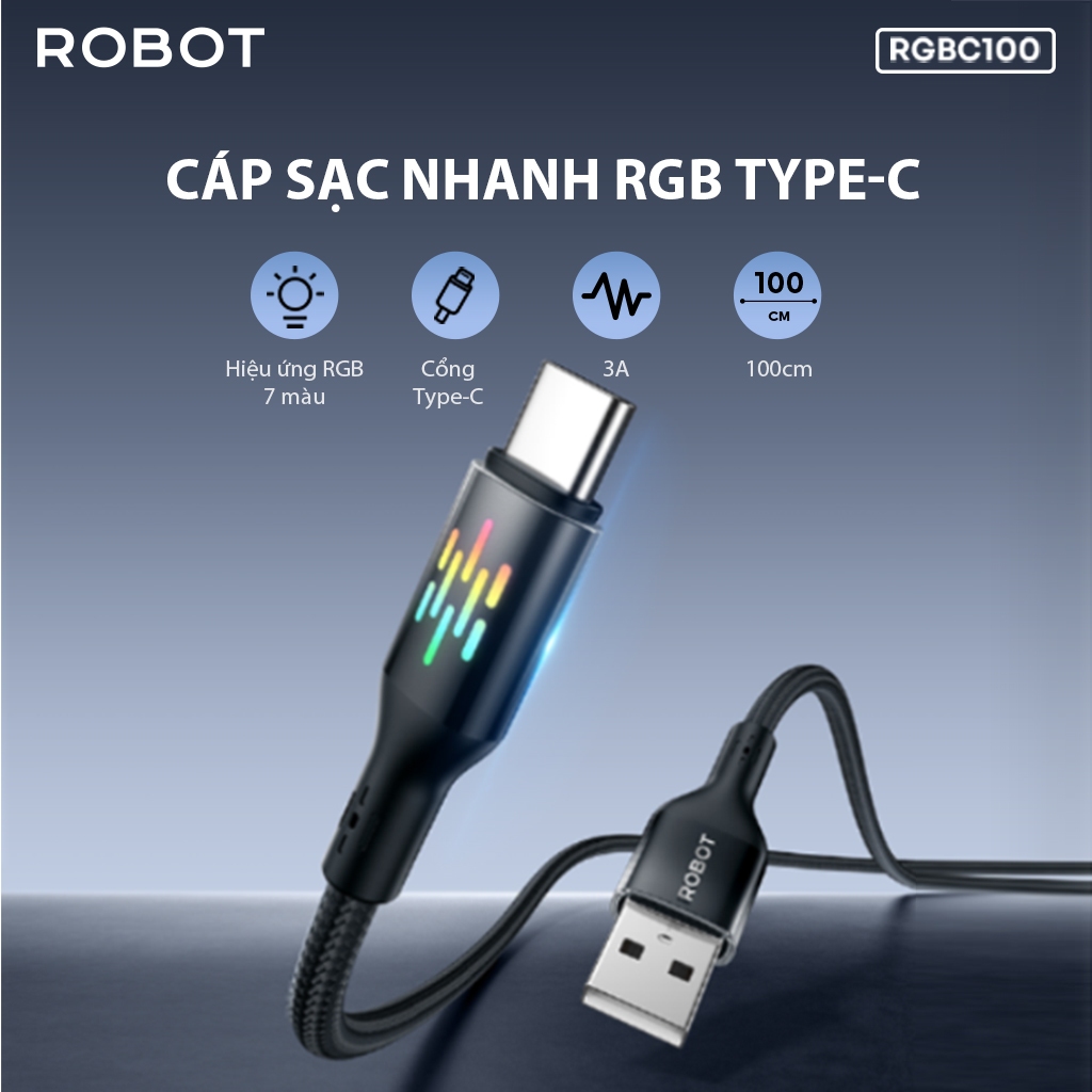 Ảnh Cáp Sạc Nhanh Robot RGBL100/ RGBC100 Hiệu Ứng RGB 7 Màu Chống Xoắn Rối, Sạc Và Truyền Dữ Liệu Đồng Thời 3