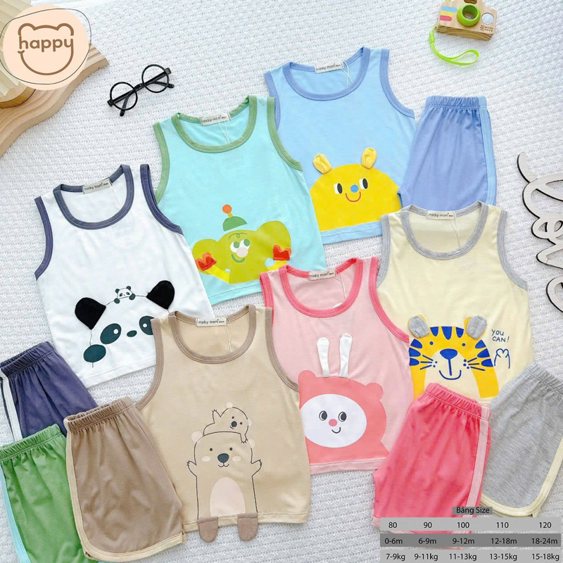 (LPBL 03) Bộ Ba Lỗ In Hình Tai Thú Dễ Thương Chất Vải Thun Lạnh Thoáng Mát Cho Bé Từ 7-18kg