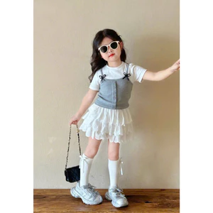 Sét hè cộc tay áo yếm kèm chân váy trắng cho bé gái từ 12-45kg(2-12 tuổi)