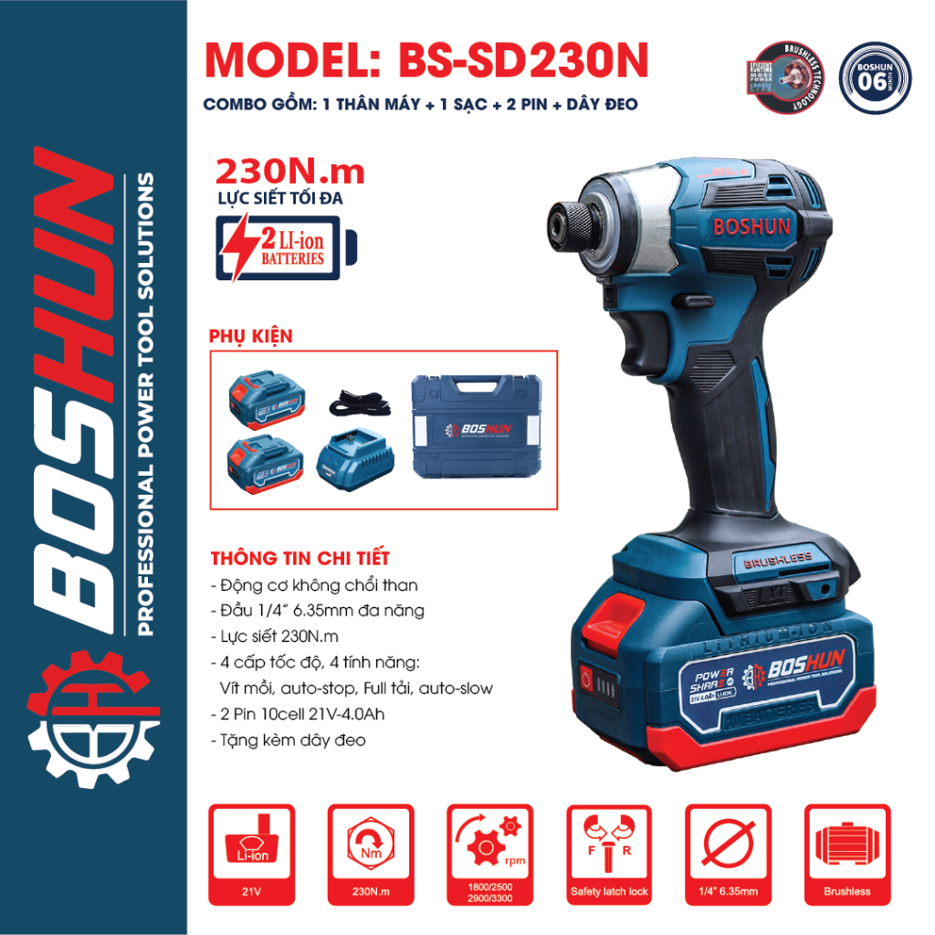 [Chính Hãng] Máy Chuyên Vít Boshun BS-SD230N 4 Tốc Độ, 4 Chế Độ Thông Minh, Chuyên Bắt Vít, Bắn Tôn