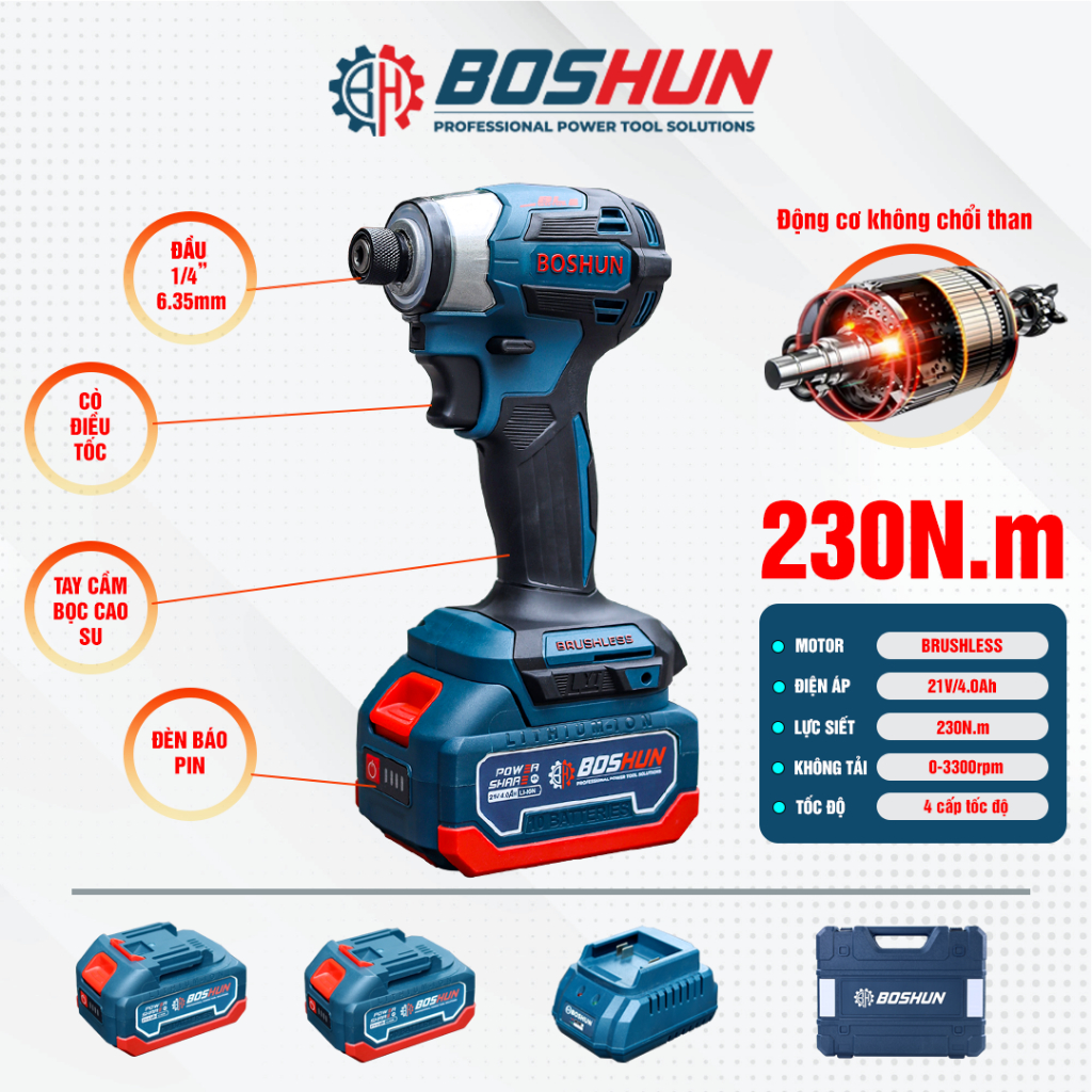 [Chính Hãng] Máy Chuyên Vít Boshun BS-SD230N 4 Tốc Độ, 4 Chế Độ Thông Minh, Chuyên Bắt Vít, Bắn Tôn