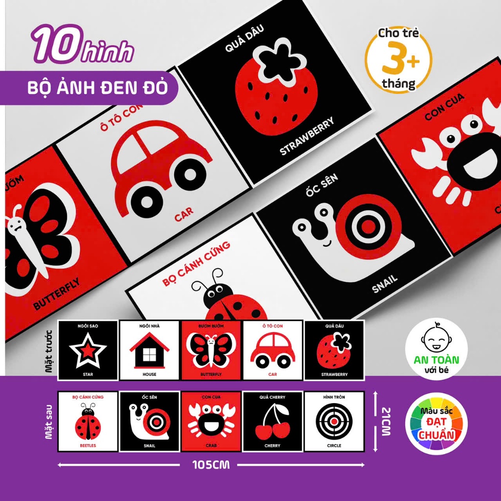 Sách - Kích Thích Thị Giác Cho Bé - Bộ 3 Thẻ Đen Trắng, Đỏ Đen Và Màu Sắc