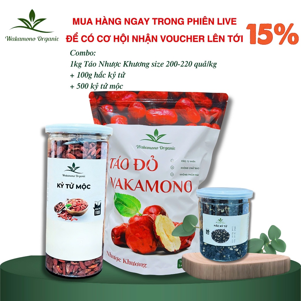 Combo táo đỏ nhược khương size trung Wakamono Organic 200 - 220 quả/kg, hắc kỷ tử, kỷ tử đỏ.