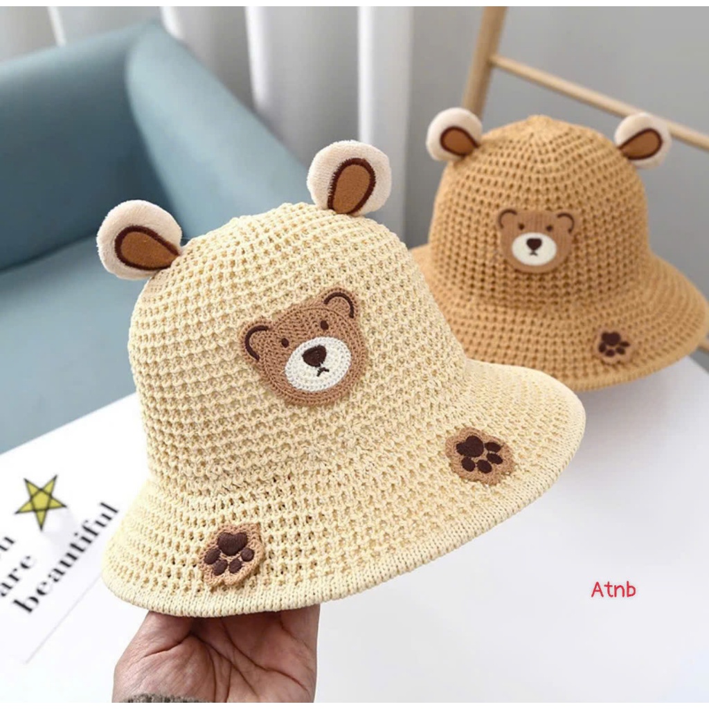 mũ cói hình gấu,mũ đi biển hình gấu dễ thương cho bé