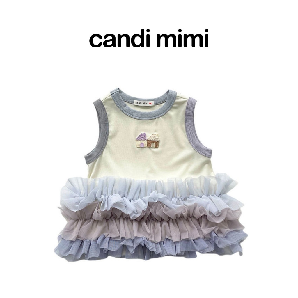 CANDI MIMI Áo khoét nách màu mơ gấu viền bèo - Phong cách Hàn Quốc