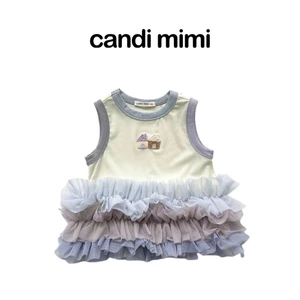 CANDI MIMI Áo khoét nách màu mơ gấu viền bèo - Phong cách Hàn Quốc