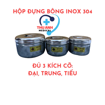 Dụng cụ INOX: hộp đựng bông, trụ cắm, khay quả đậu, nhíp, kéo, pank có mấu, pank không mấu