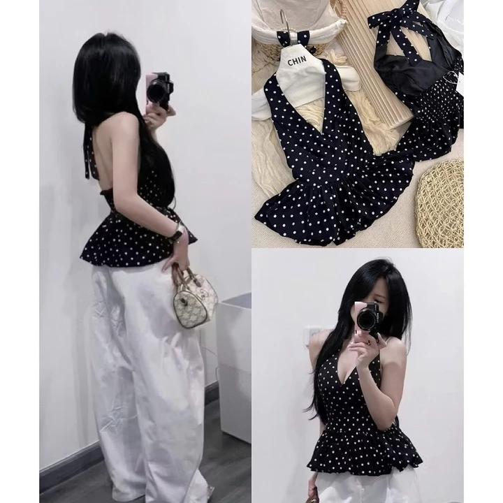 Áo Cổ Yếm Buộc Nơ Sau Chun Lưng Dáng Bí Phồng Xinh. Áo Yếm Chấm Bi Nữ Cổ V Sâu Hở Lưng Dáng Peplum Ôm Eo Tôn Dáng B21