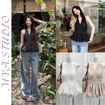 Áo Cổ Yếm Buộc Nơ Sau Chun Lưng Dáng Bí Phồng Xinh. Áo Yếm Chấm Bi Nữ Cổ V Sâu Hở Lưng Dáng Peplum Ôm Eo Tôn Dáng B21