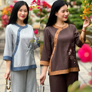 Tròn Phối Hoa SaLa Vải ẤnĐộ Cao Cấp Nữ # Đồ Bộ Đi Chùa