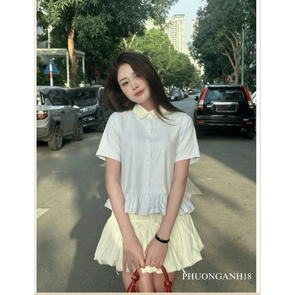 [Deal mở bán] Áo Sơ mi cộc tay cổ sen họa tiết kẻ New A131