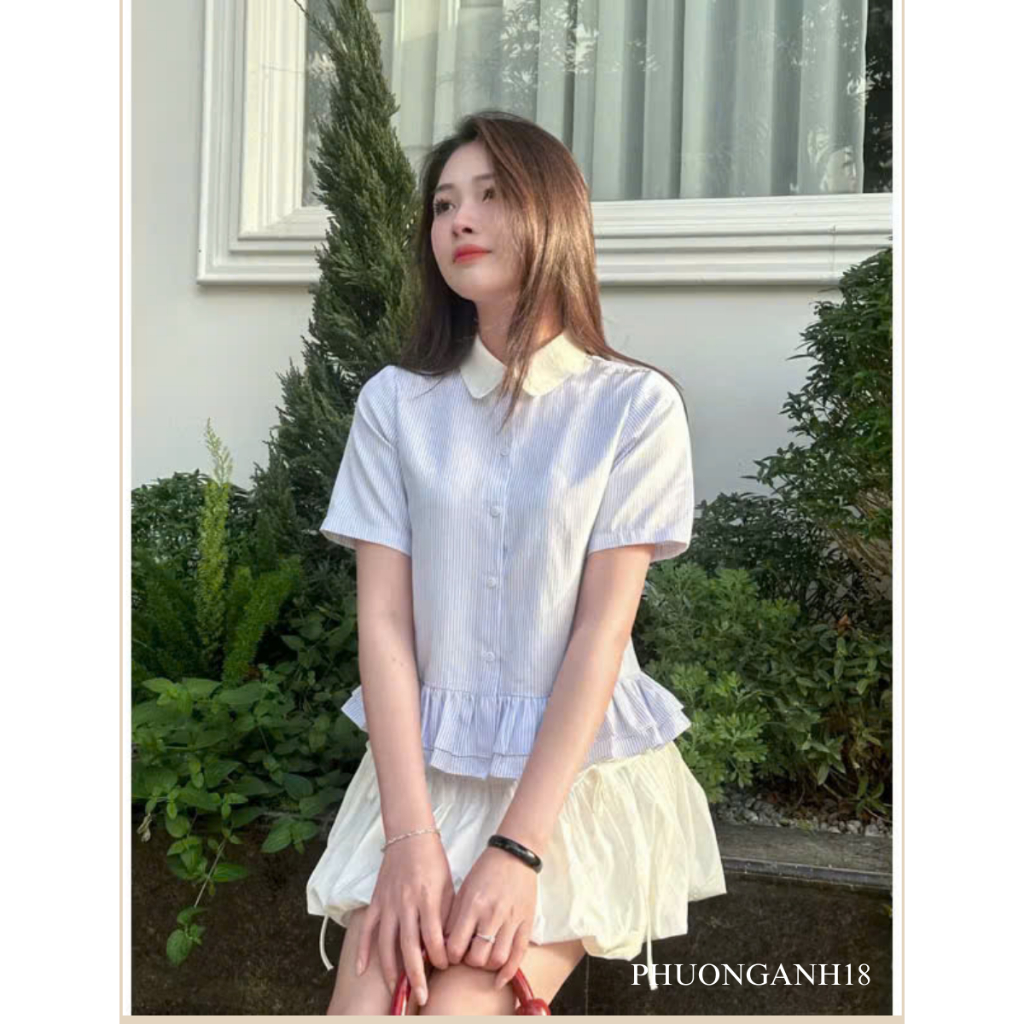 [Deal mở bán] Áo Sơ mi cộc tay cổ sen họa tiết kẻ New A131