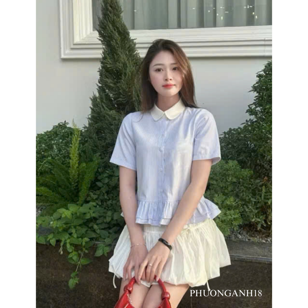 [Deal mở bán] Áo Sơ mi cộc tay cổ sen họa tiết kẻ New A131