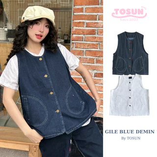 Áo gile jean nữ màu blue denim form rộng TOSUN GL01