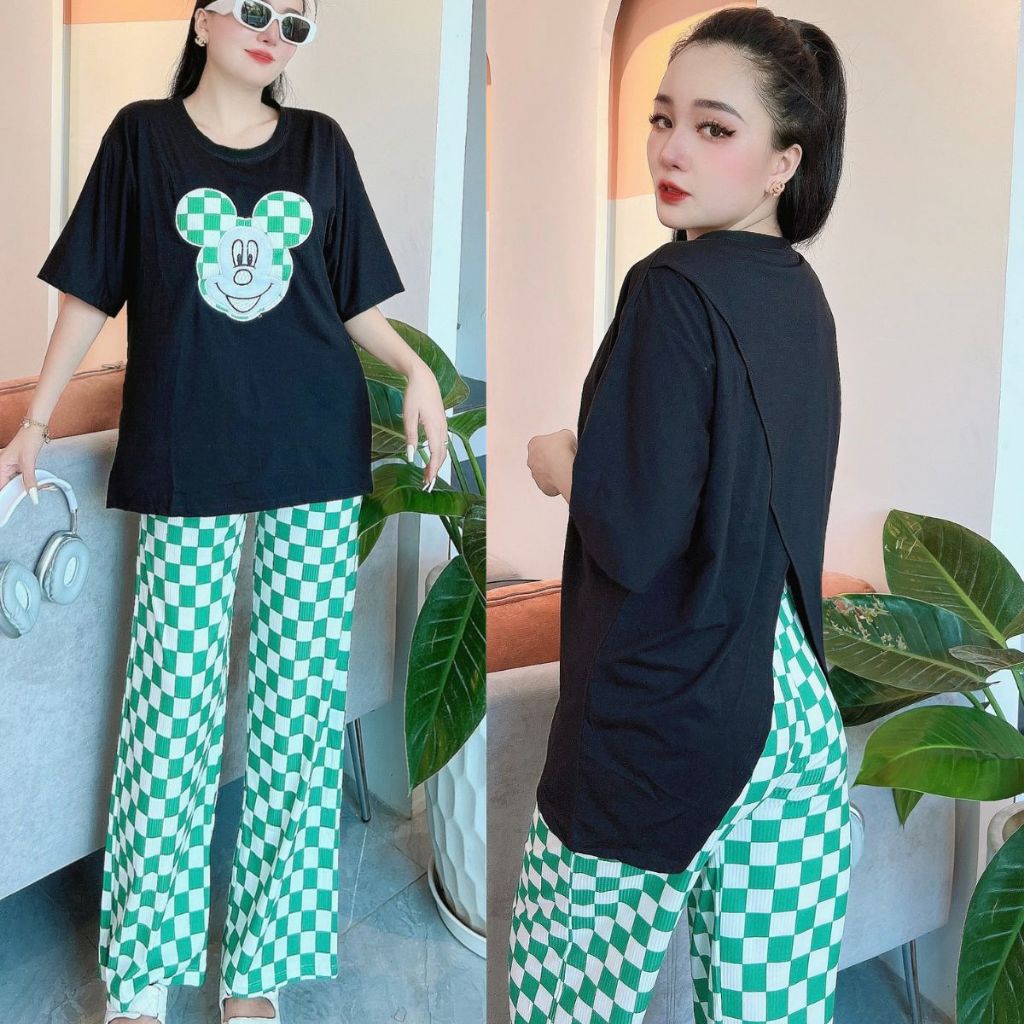 Đồ bộ nữ áo chéo sau lưng quần ống suông nữ cạp cao bigsize  ESHOP Đồ bộ mặc nhà quần thun gân form rộng tay lửng DB49