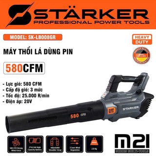 Máy thổi bụi, thổi lá công suất lớn STARKER dùng chân pin thông dụng công suất 13m3/min - điều chỉnh 3 tốc độ điện tử