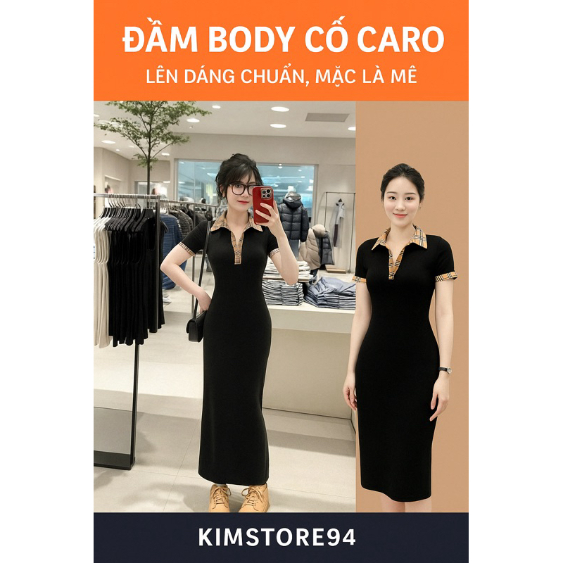 Đầm body cổ bẻ phối caro dáng dài Mặc lên là xinh mã hot trend 2025