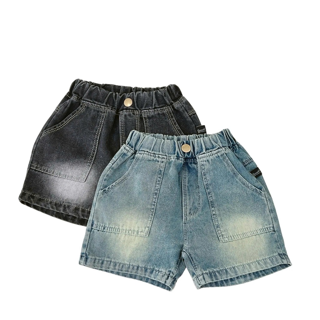 Quần short jean phối TÚI VIỀN CHỈ NỔI chất jean dày dặn đứng form 2 màu cho bé đi học đi chơi size 10-27kg