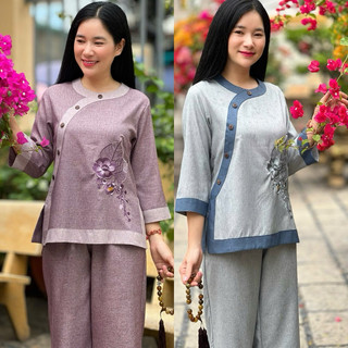 Tròn Phối Hoa SaLa Vải ẤnĐộ Cao Cấp Nữ # Đồ Bộ Đi Chùa
