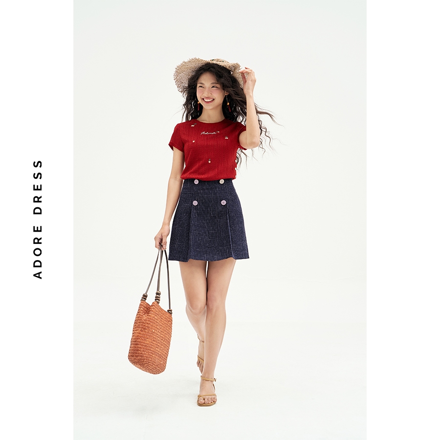 Ảnh 511TO1034 - Áo top len ren đỏ cam thêu random khuy sườn ADORE DRESS 3