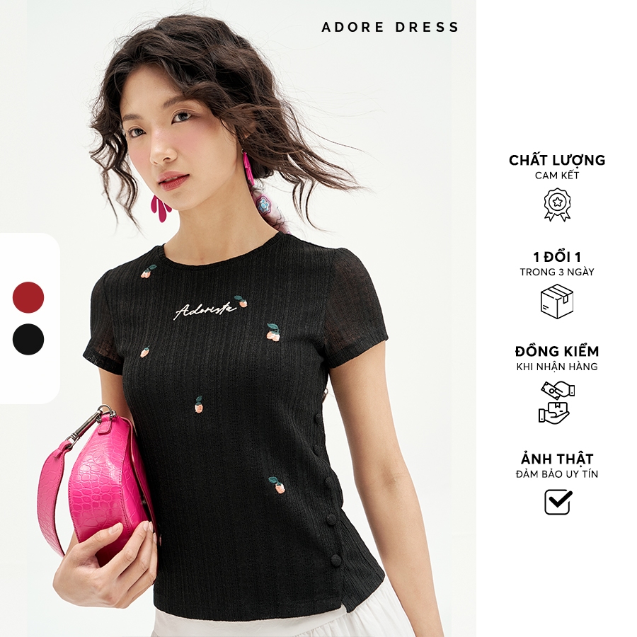Ảnh 511TO1034 - Áo top len ren đỏ cam thêu random khuy sườn ADORE DRESS 1