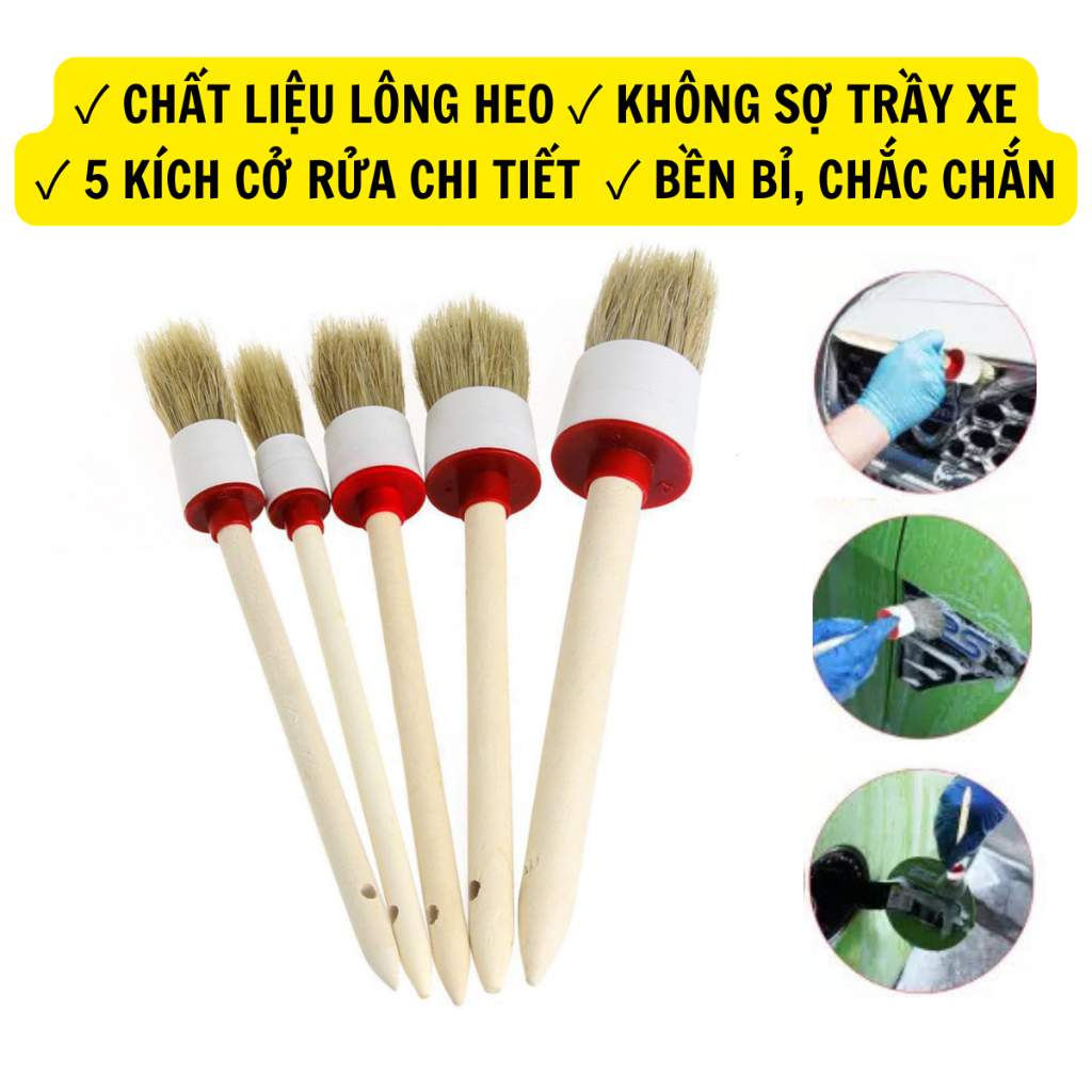 BỘ 5 CỌ LÔNG HEO Rửa Xe, Lông Mềm,Cán Gỗ Bền Chắc, 5 Size Rửa Chi Tiết ...