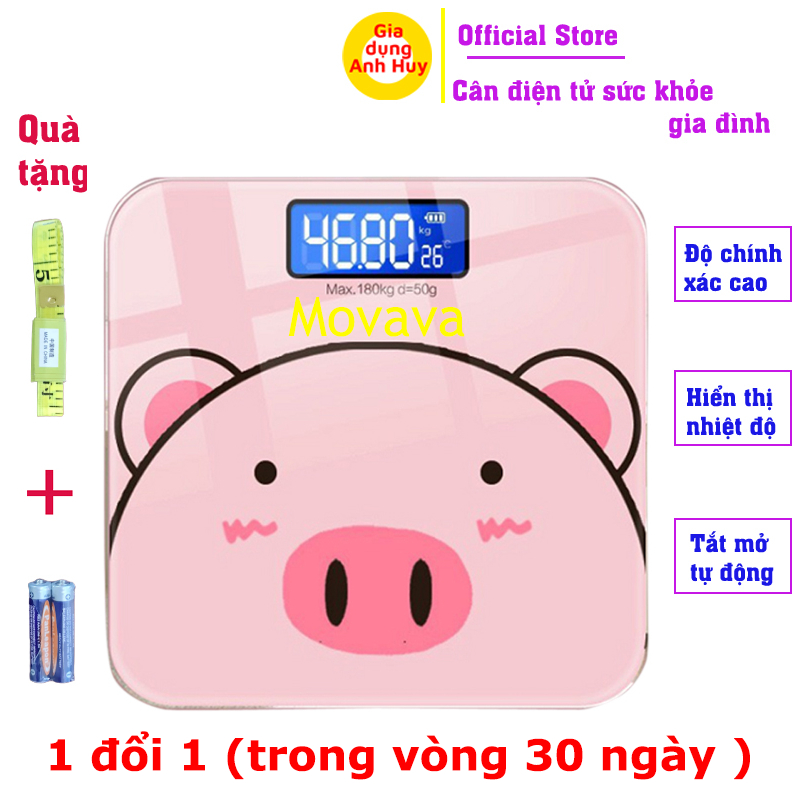 Cân điện tử sức khỏe thông minh Movava hình lợn hồng cute có hiển thị nhiệt độ - GDAH