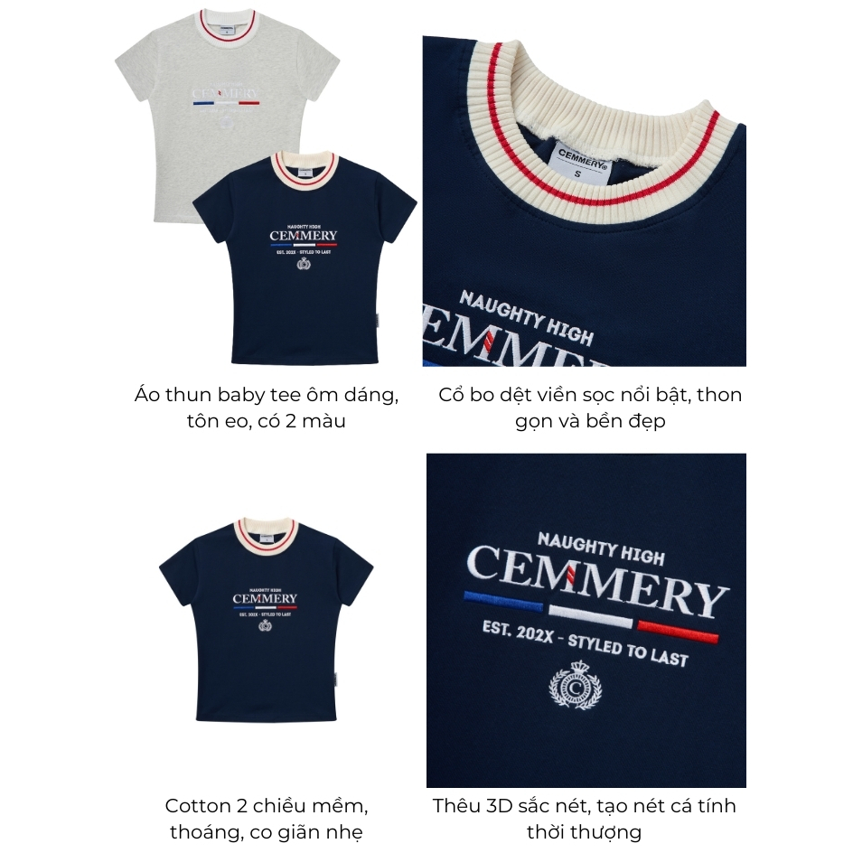 Áo Baby Tee CEMMERY Local Brand Chính Hãng Ivy Baby Tee Cotton 2 Chiều Cổ Dệt Bản To Hình Thêu 2 Màu