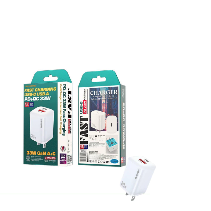 Bộ Sạc Nhanh Wk U140 gồm 2 Cổng sạc Nhanh TypeC-USB, Hỗ Trợ Sạc Nhanh PD 33W và QC 3.0 Chống Nóng Sạc Nhanh