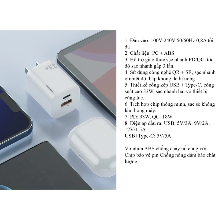 Bộ Sạc Nhanh Wk U140 gồm 2 Cổng sạc Nhanh TypeC-USB, Hỗ Trợ Sạc Nhanh PD 33W và QC 3.0 Chống Nóng Sạc Nhanh – 4