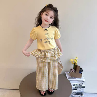 sẵn 90-order quảng châu-set bộ áo thun phối quần dài xuông bèo cho bé gái